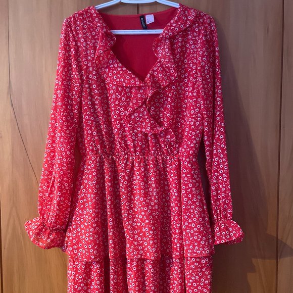 H&M Red Floral Frill Chiffon Dress S - Picture 1 of 6